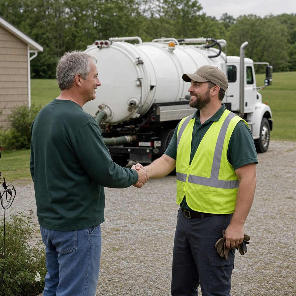 A septic technician shaking a Vancouver homeowner's hand beside the service truck after a completed pump-out
