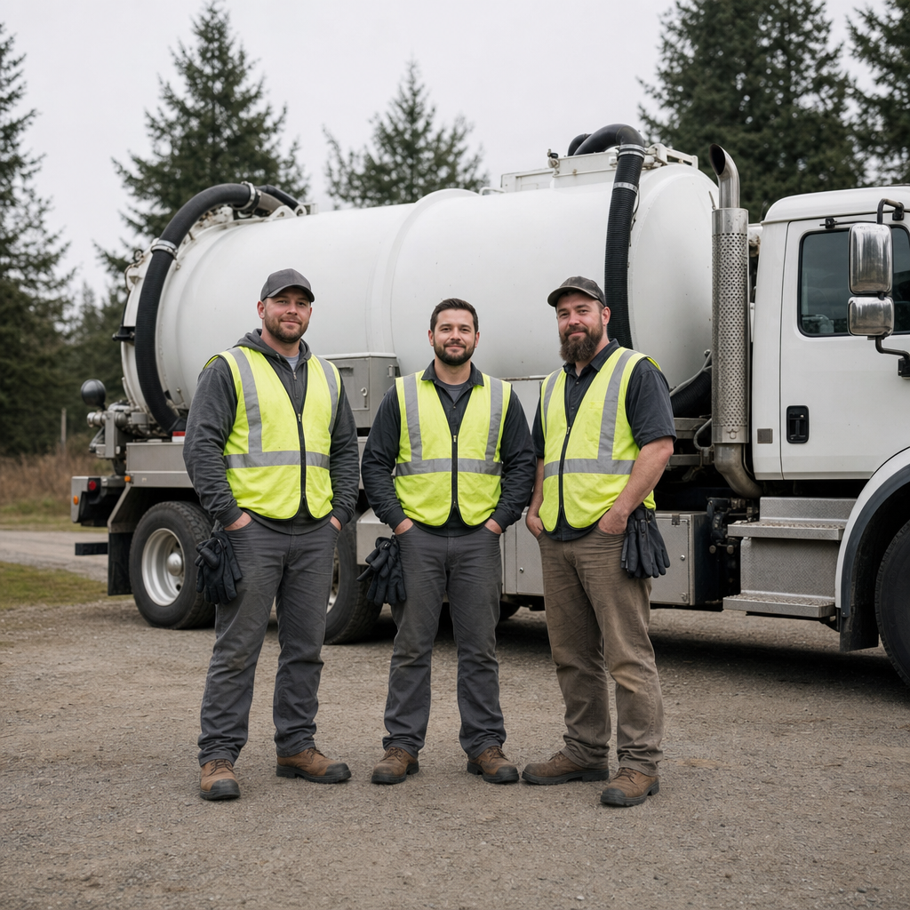 The Vancouver septic pumping crew standing together beside their clean white vacuum truck on a residential street