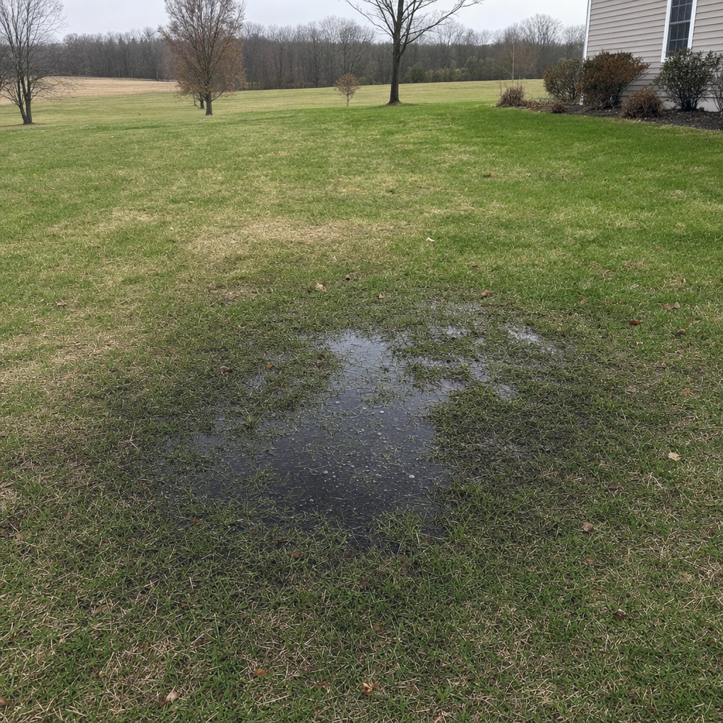 A dark, saturated wet spot in a Vancouver backyard lawn marking a failing cesspool at capacity