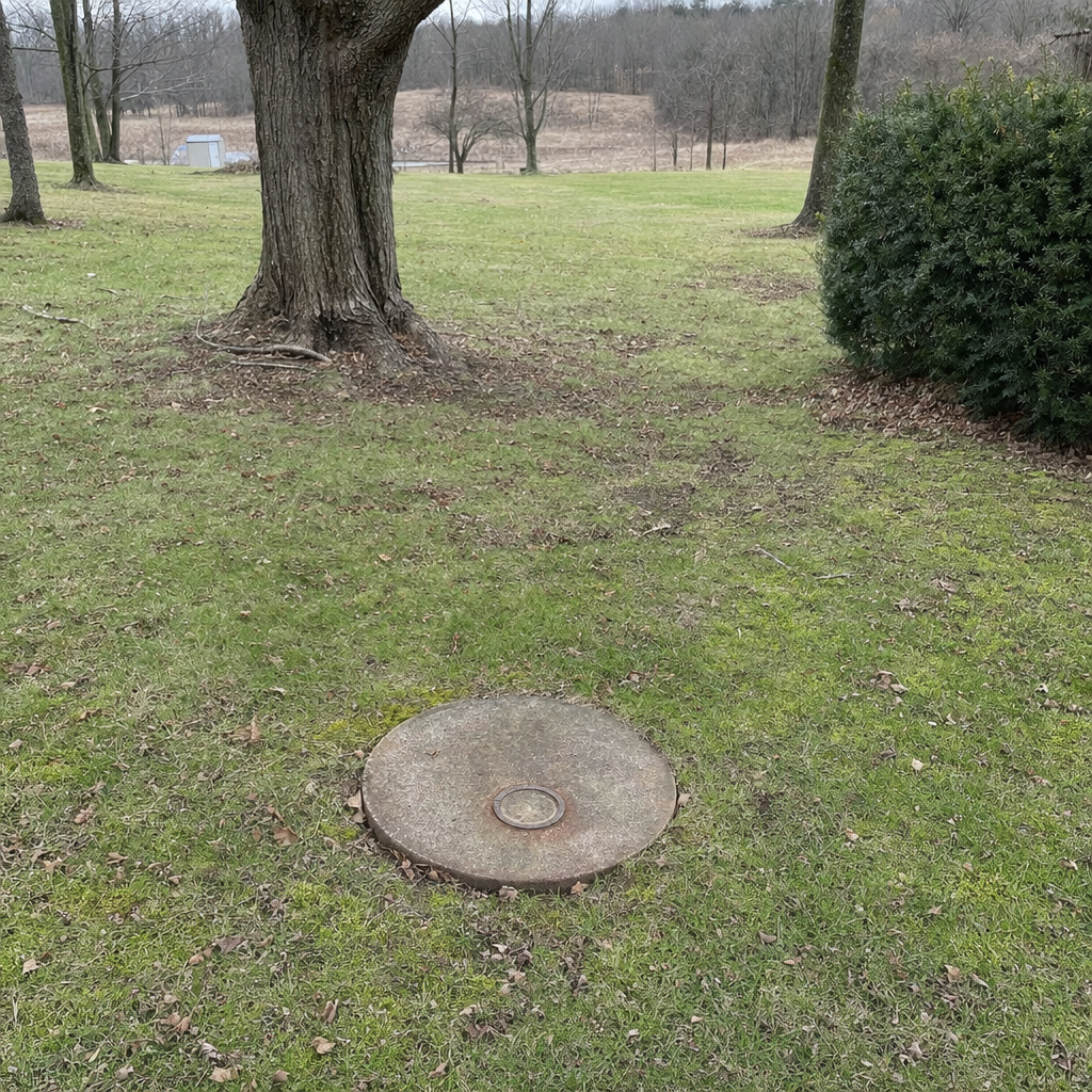 An older round cesspool access lid set flush in an established, mature Vancouver backyard lawn