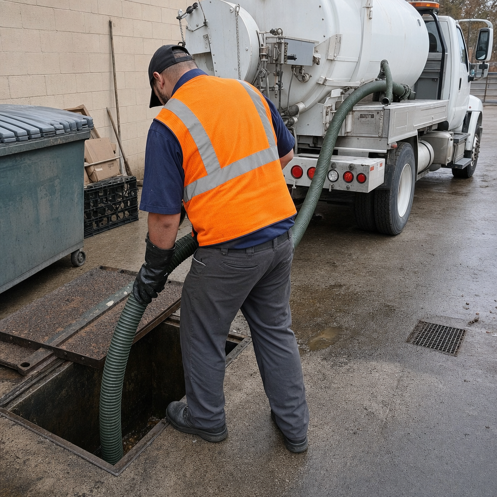 Technician pumping a grease trap behind a Vancouver restaurant