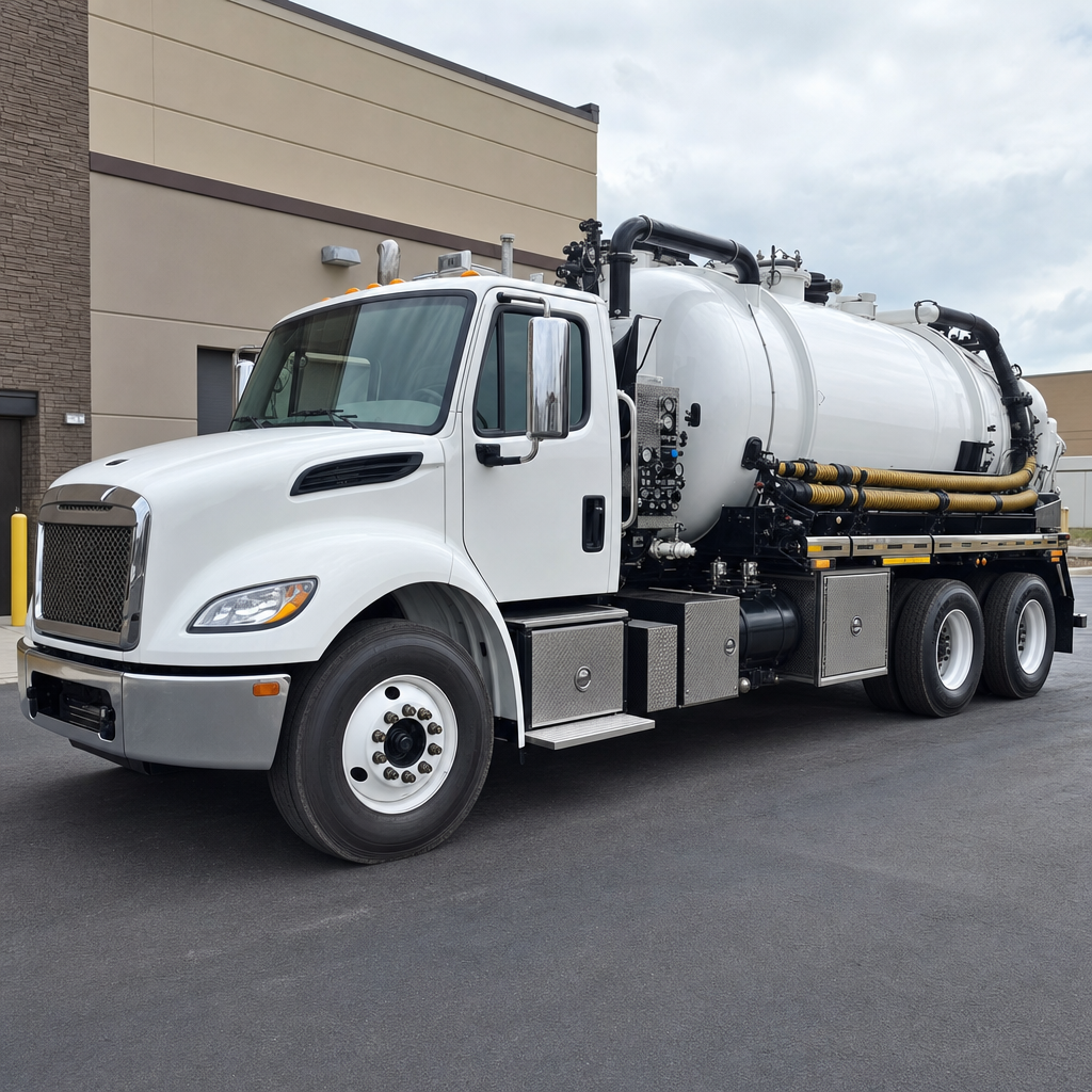 Commercial septic vacuum truck parked in a Vancouver business parking lot