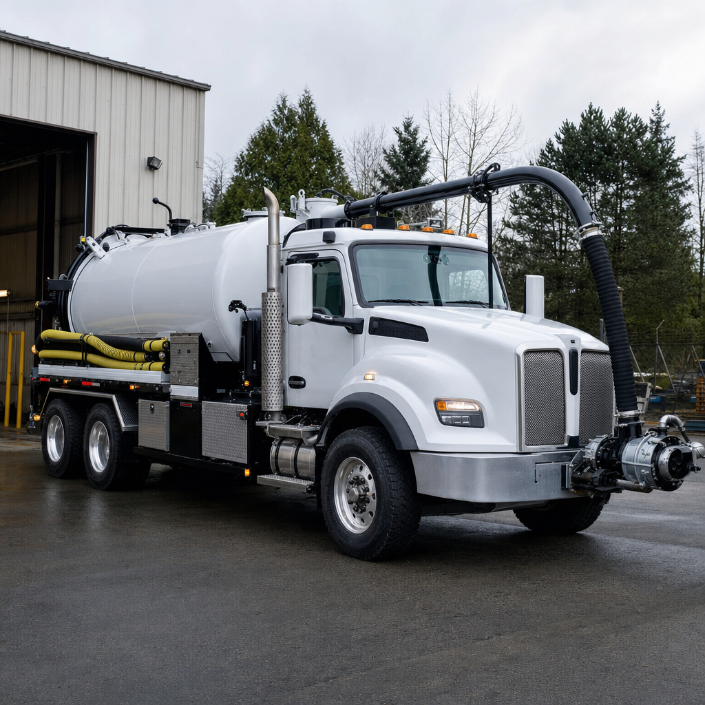 A clean white septic vacuum truck rolling out of a tidy Vancouver service depot at the start of the day