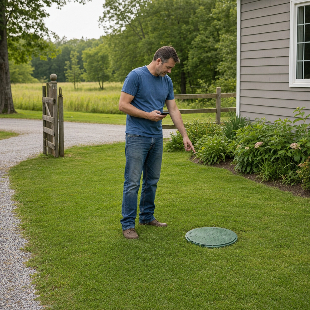 A Vancouver-area homeowner standing in the backyard noting where the septic tank lid and access route are located