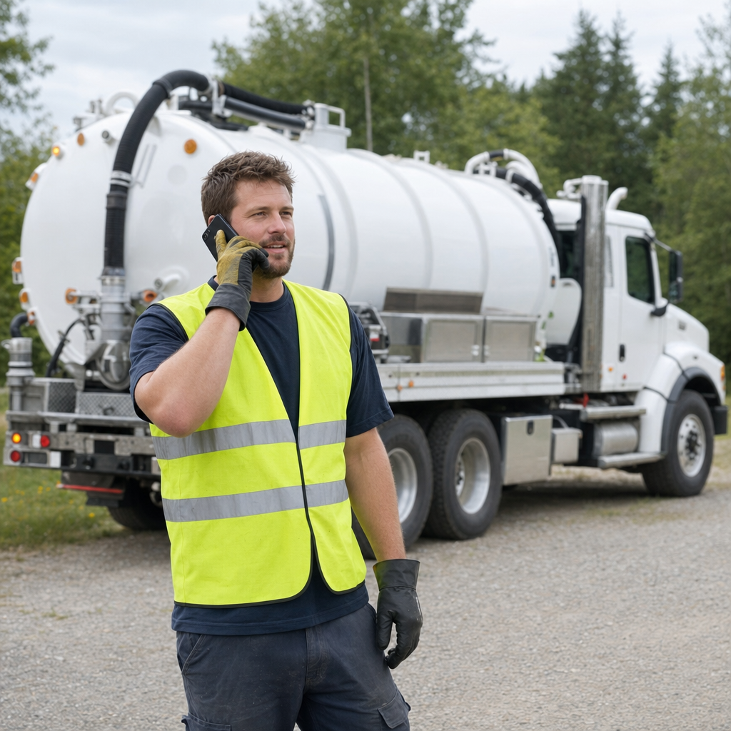 A friendly septic dispatcher holding a phone, ready to answer a Vancouver homeowner's call about a pump-out