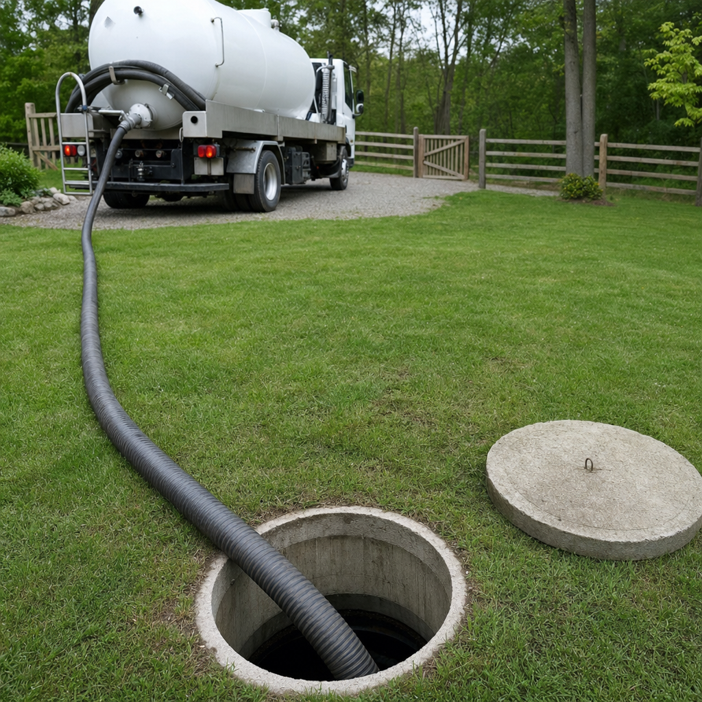 Suction hose connected to an open septic tank, drawing it down in a tidy Vancouver yard