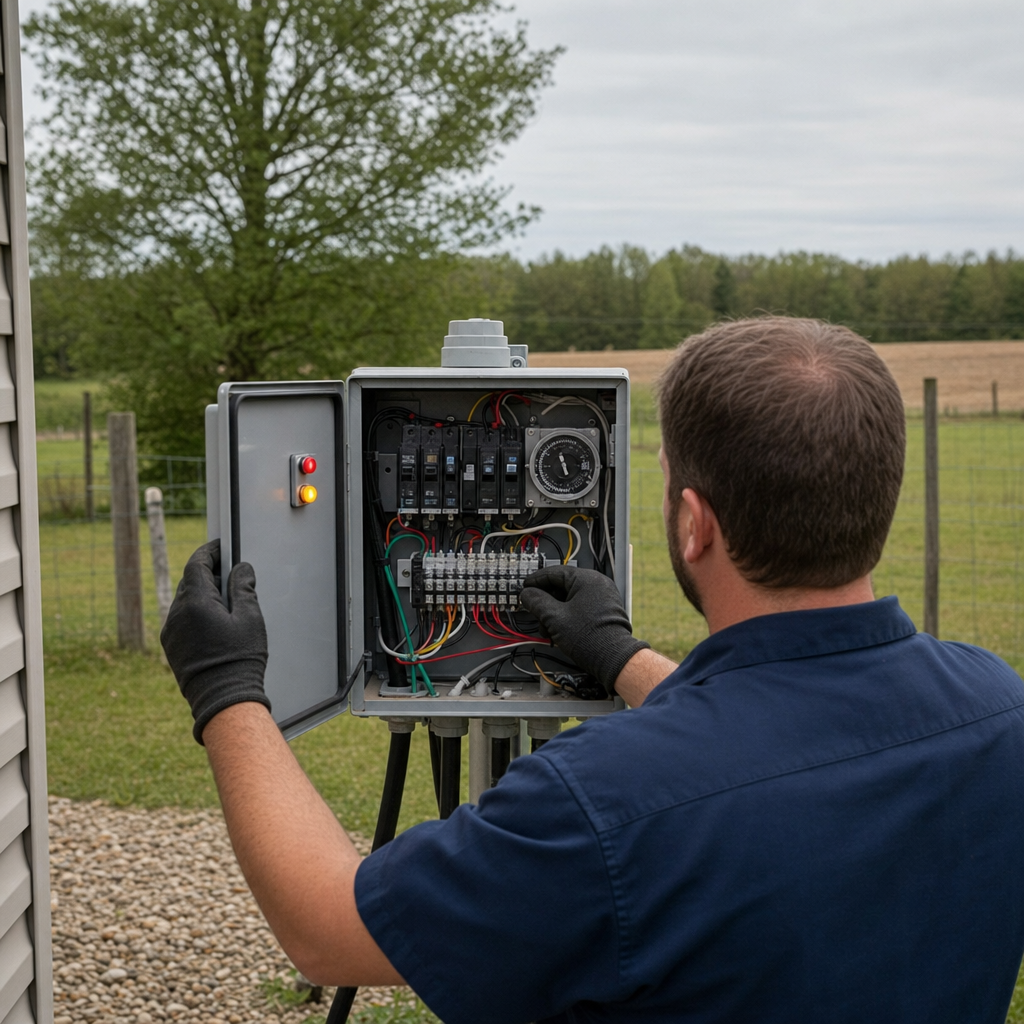 Technician checking an aerobic septic control box with a lit red high-water alarm during a same-day Vancouver visit