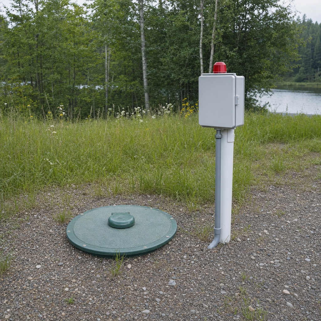 A wastewater holding tank access lid set in the ground at a rural Vancouver-area cabin, with a mounted high-level float alarm panel nearby