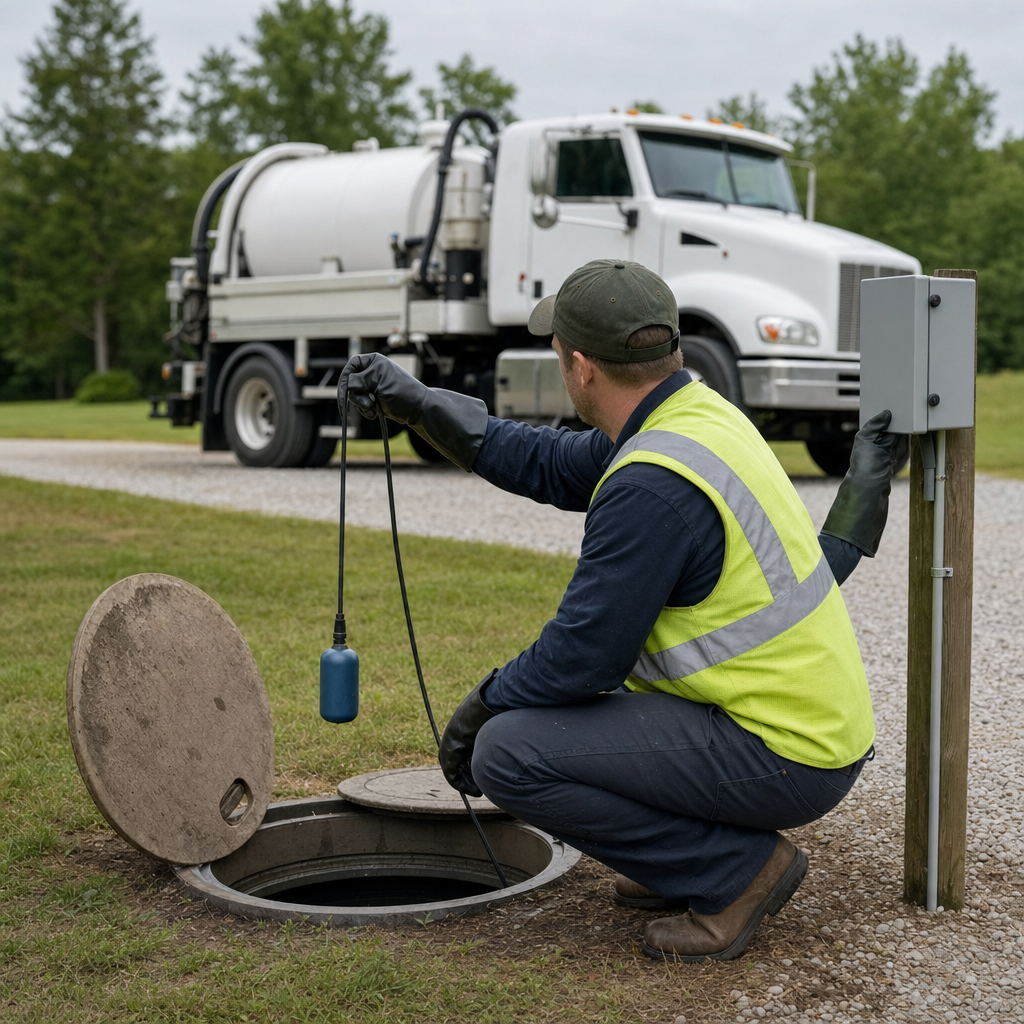 A septic technician in a high-visibility vest checking a high-level float switch and alarm panel on a holding tank at a rural Vancouver-area site