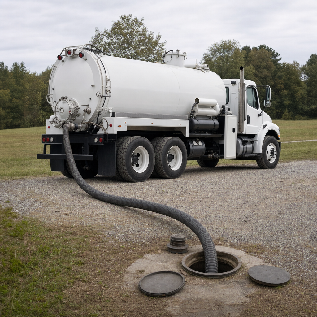 An unmarked white vacuum truck emptying a wastewater holding tank on a scheduled visit at a rural Vancouver-area property, thick suction hose running to the tank lid