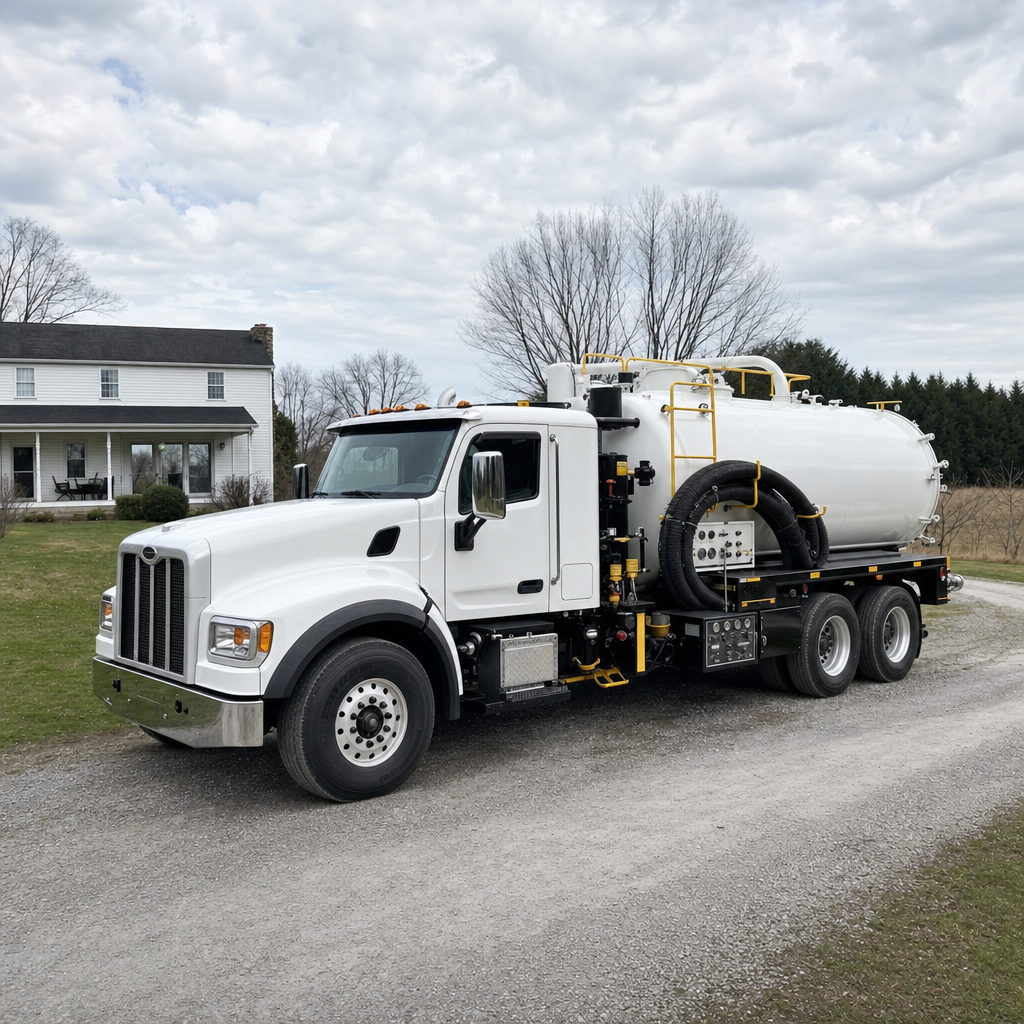 A clean white septic vacuum truck parked on a tidy Vancouver driveway with the suction hose neatly coiled