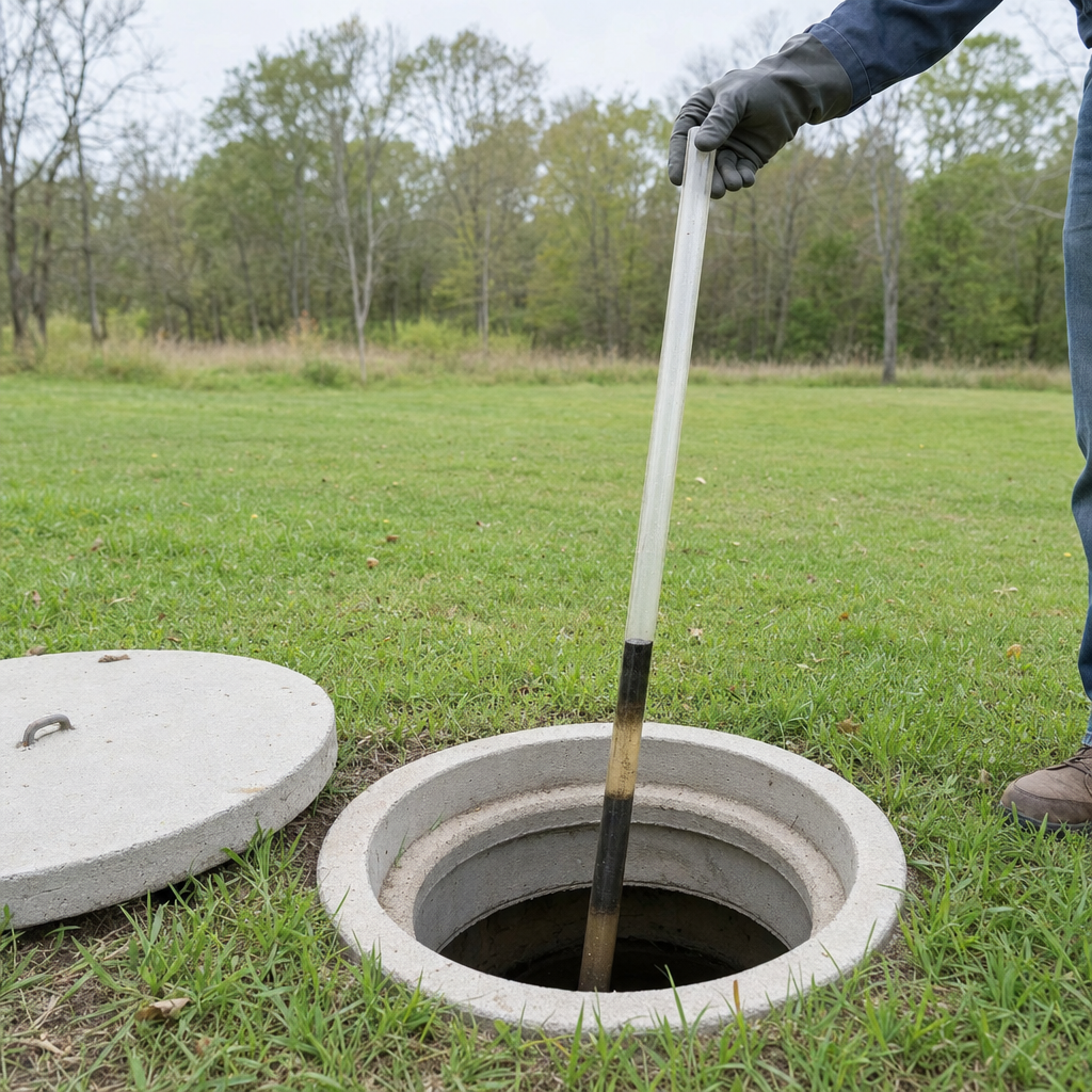 A septic sludge-judge measuring stick lowered into an open Vancouver septic tank to read the depth of the sludge and scum layers before deciding whether a pump-out is due