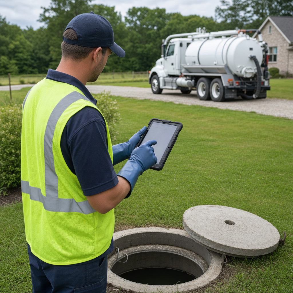 A septic technician recording a Vancouver home's pump-out date and tank condition on a tablet beside an open access lid, tracking the service history that sets the next due date