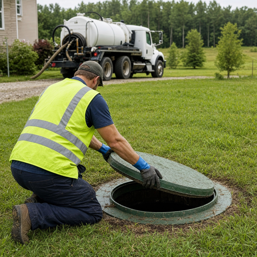 Septic technician kneeling on a Vancouver lawn, lifting the access lid on a residential septic tank