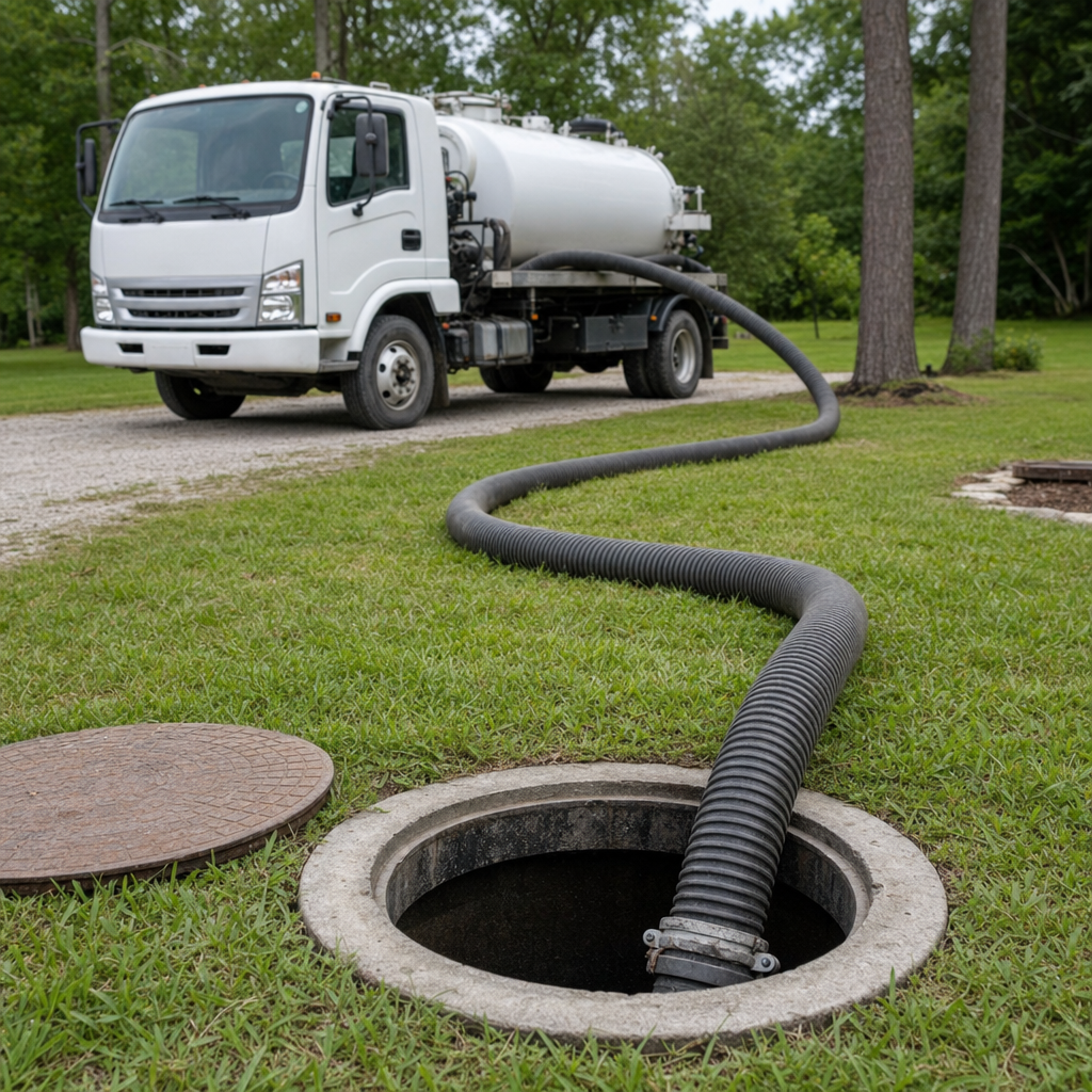 Thick ribbed suction hose lowered into a clean open septic tank port on a tidy Vancouver backyard lawn