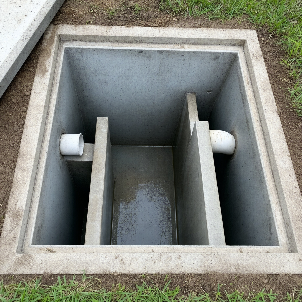 Inspection of the concrete baffles inside an open, emptied and freshly cleaned Vancouver septic tank