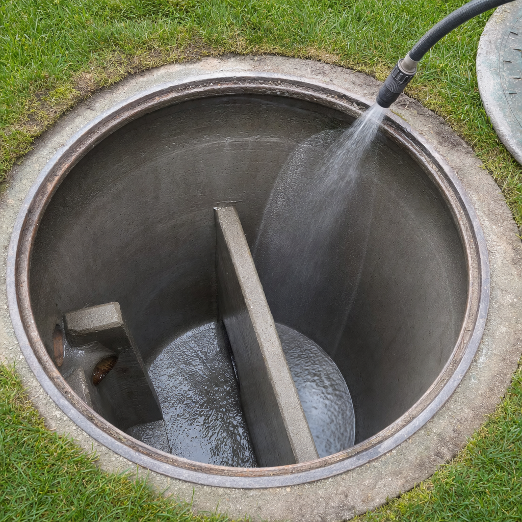 Interior concrete walls of an emptied Vancouver septic tank being rinsed clean with the truck's onboard water hose