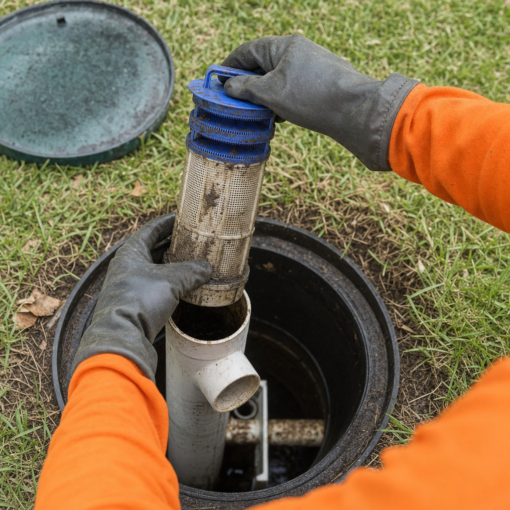 Septic technician's gloved hands lifting the effluent filter cartridge out of the outlet housing on a Vancouver septic tank