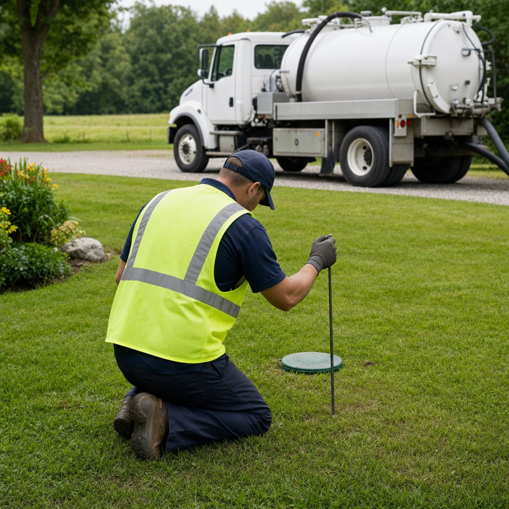 Septic technician kneeling on a Vancouver lawn, probing to locate and measure the depth of a buried septic tank lid before pumping