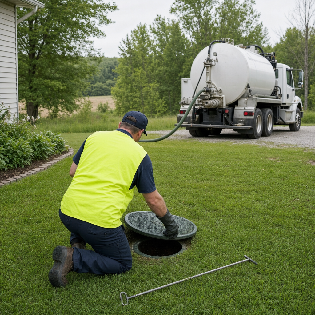 Septic technician kneeling on a Vancouver lawn, lifting the buried access lid on a residential septic tank