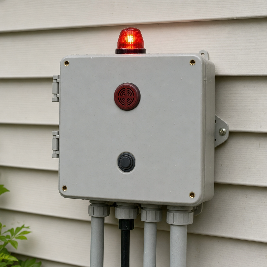 An aerobic septic system control panel mounted outside a Vancouver home with its red high-water alarm light lit