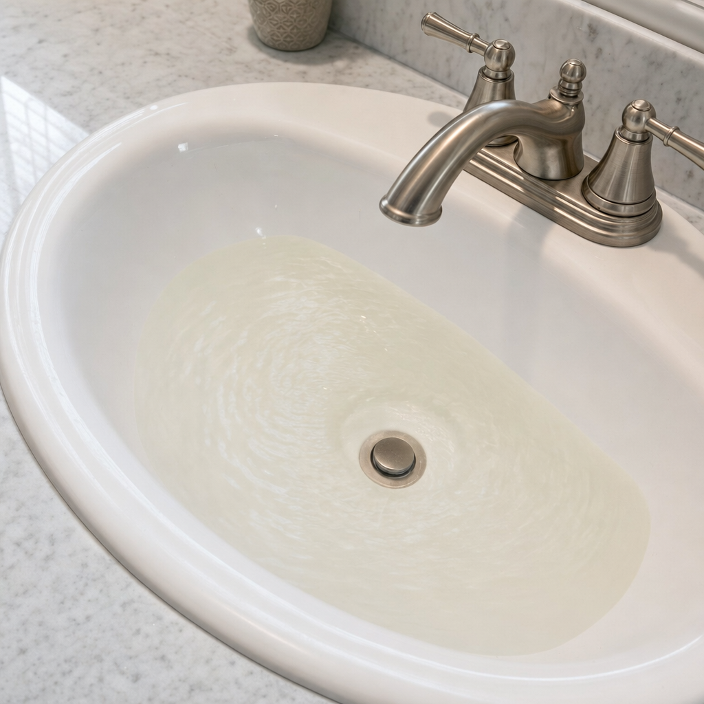 A bathroom sink draining slowly with water pooled in the basin, an early warning sign that a Vancouver septic tank is full